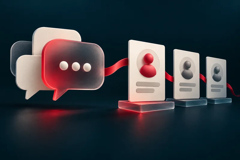 Ilustração de conversas conectadas a fichas de contatos organizadas em sequência