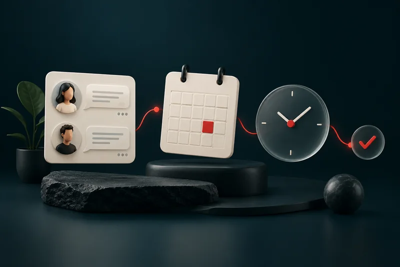 Ilustração de conversa, calendário e relógio conectados para representar um retorno combinado
