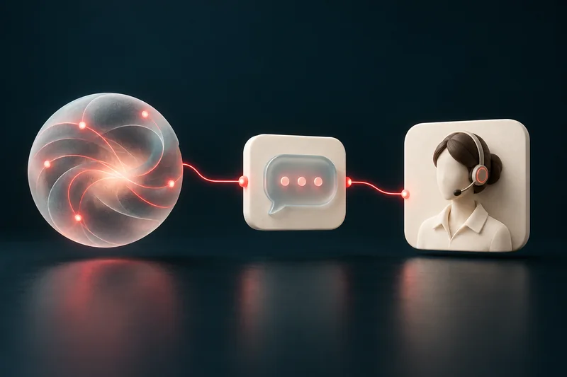 Ilustração de inteligência artificial conectada a uma conversa e a um atendente humano